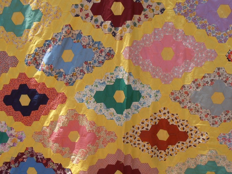 Vtg Hand Stitched Grandmothers Flower Garden Diamond Quilt Top Feedsack Fabric