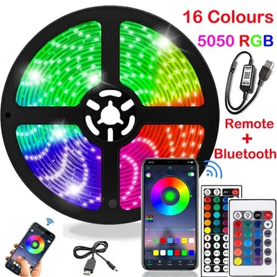 TOP5A-UK LED Strip Lights 1- 5m 5050 RGB Colour Changing Tape Cabinet Kitchen TV Lighting