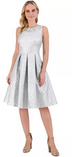 Eliza J Dress Size 14 Silver Taffeta Fit & Flare Rhinestone Neckline NWT APR299