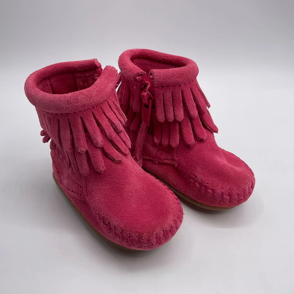 Minnetonka Bebé Niña Talla 1 Doble Fleco Mocasines Zapatos Rosa Caliente Suela de Goma Foto 2 de 4