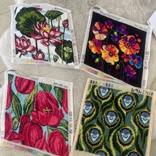 Lot of 4 Finished Needlepoint Flowers on Canvas Unframed
