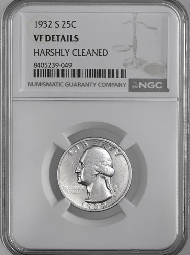 1932-S  25C WASHINGTON SILVER QUARTER NGC VF DETAILS HARSHLY CLEANED 8405239-049