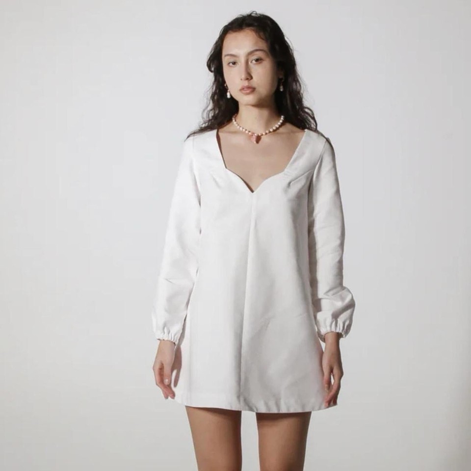 par moi White V-Neck Mini Dress S Long Sleeve