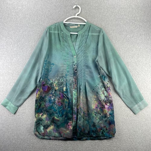 Weiche Umrandung Bluse XL grün ombre Blumen Knopfleiste Tunika Top Indien