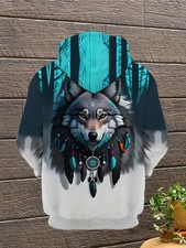 3D Wolf Dreamcatcher Hoodie Tribal Spirit Graphic Pullover Sweatshirt Unisex