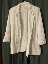 Jules Leopold Women's Casual Blazer White W/ Gold Stripes Ruched Sleeves Sz M
