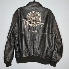 Vintage 90s Planet Hollywood Orlando Mens Large Leather Bomber Jacket Brown 