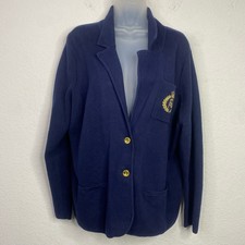 Lauren Ralph Lauren Knit Blazer Women 1X Blue Crest Gold Button Preppy Academic