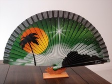 Spanish Art Hand Painted Folding Fan Sunset Design, Green Black New