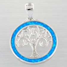 Tree of Life Ocean Blue Fire Opal Silver Jewelry Necklace Pendant