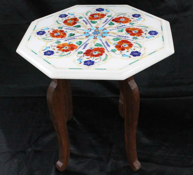 18-inch Marble Table Top with Floral Inlay Semi-Precious Stones on Wooden Stand