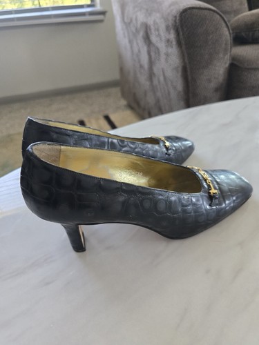 VTG Escada Heels 9B Women Black Animal Print Classy Gold Logo Excellent - Picture 9 of 19
