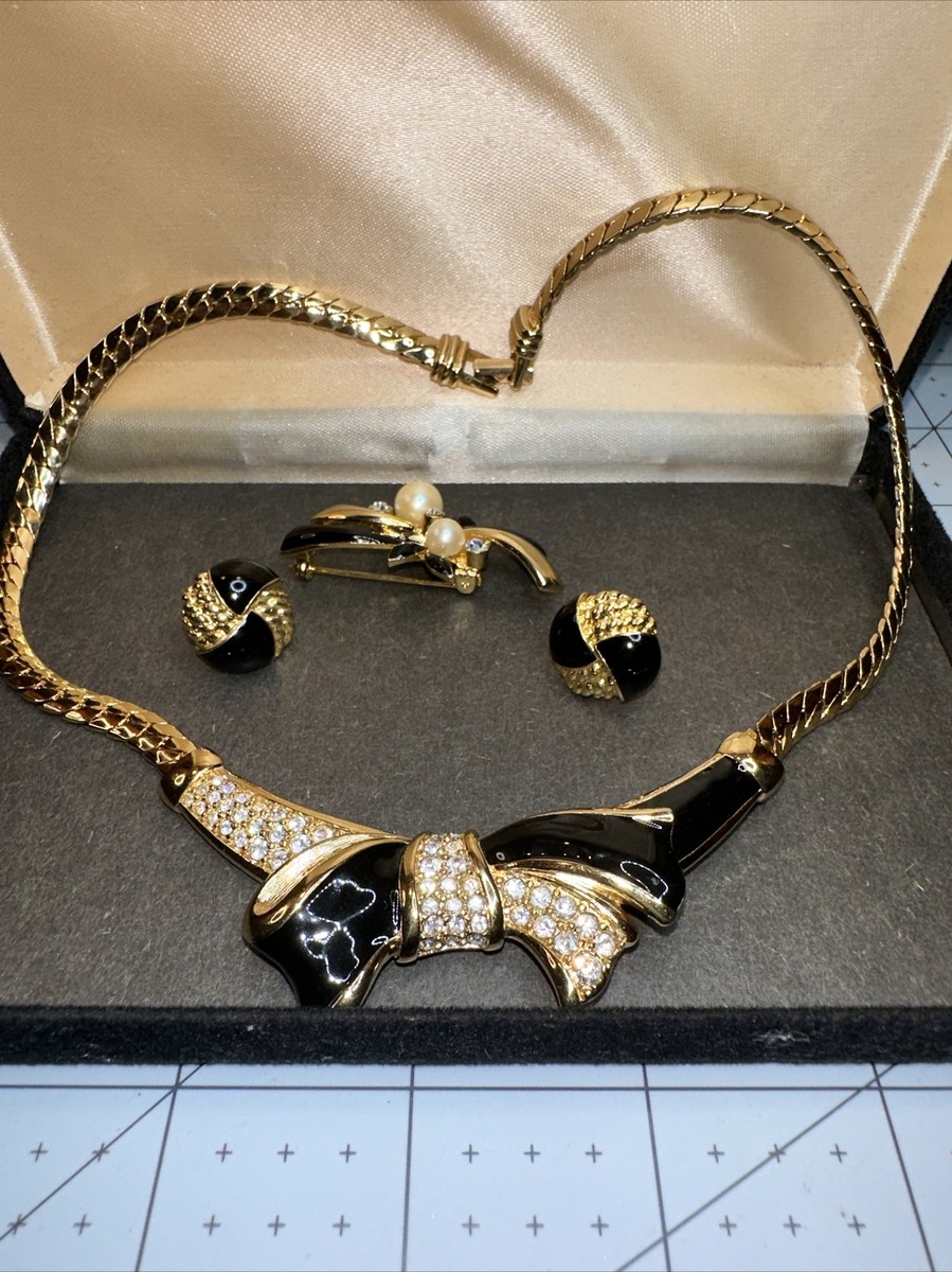 Vintage Swarovski Swan Gold Tone Black Enamel set earrings, brooch necklace 