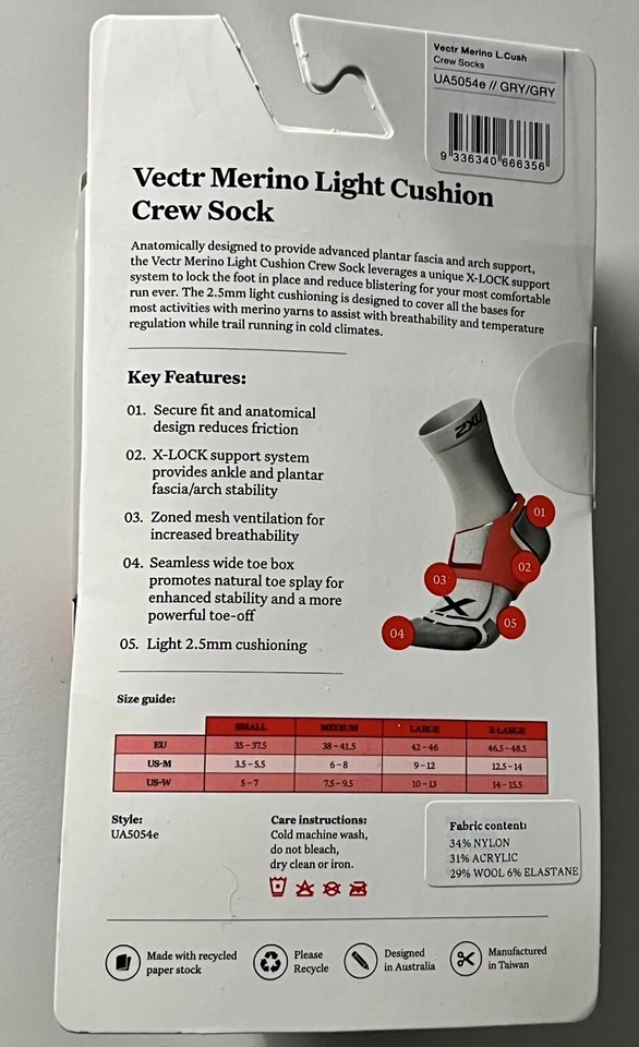 2XU VECTR MARINO LIGHT CUSHION CREW SOCK MEDIUM UA5054e GREY - Image 4 of 4