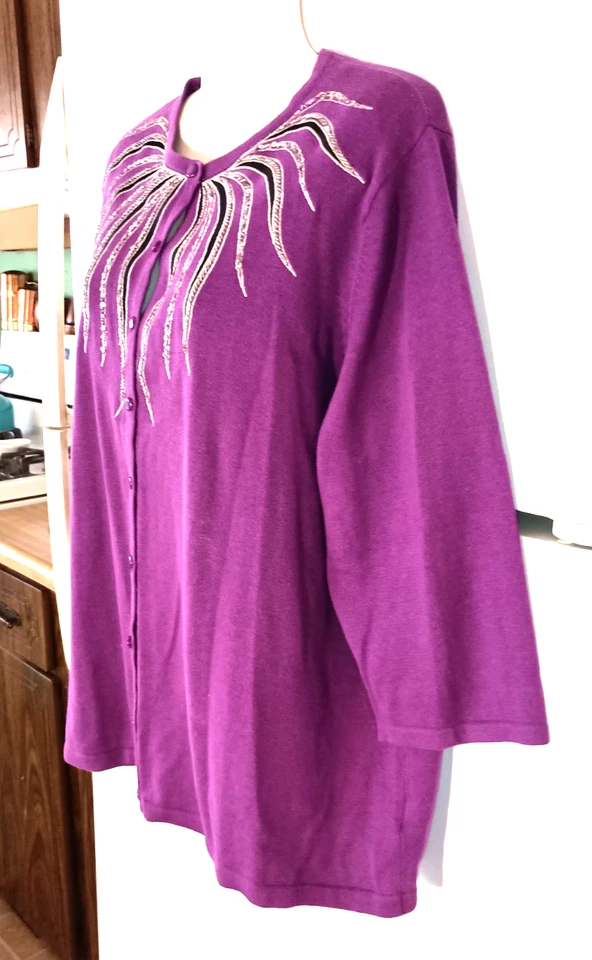 BOB MACKIE WEARABLE ART PURPLE EMBROIDERED EMBELLISHED BUTTON DOWN SWEATER 1X - Image 2 of 4