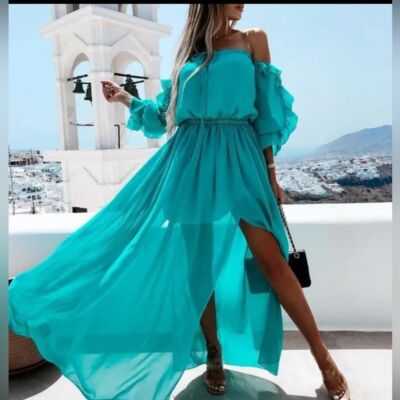 Cupshe Sexy Boho Off shoulder Beach Style ruffles split Turquoise M RefCPS046-3