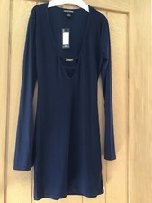 Prettylittlethings navy slinky cut out trim detail long sleeve bodycon dress siz