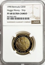 1990 GOLD BERMUDA 500 MINTED 1/2 oz HOGGE MONEY SHIP $50 NGC PF 68 ULTRA CAMEO 5770.00 per troy oz
