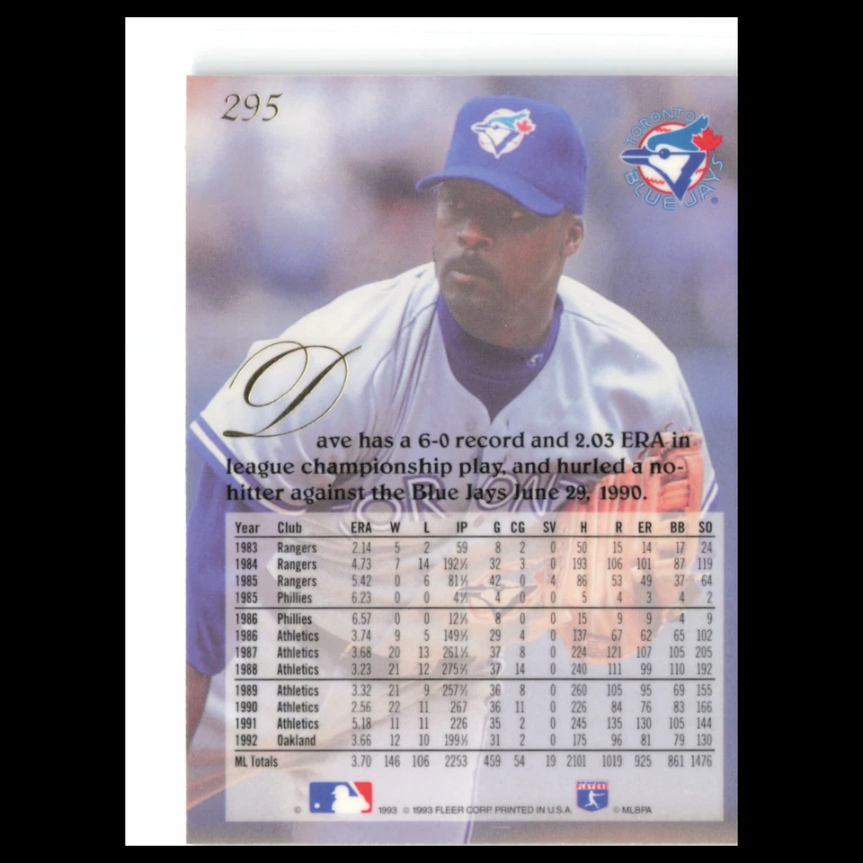 Dave Stewart #295 1993 Flair Toronto Blue Jays Baseball Card MLB NM - Image 2 of 3