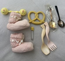 Vintage 1950s 60s Baby Supplies Lot. Spoons, Rattler, Teether, Booties, Pin