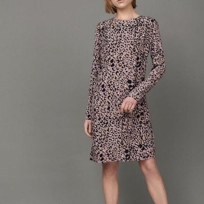 H&M Mauve Leopard Print Mini Dress Long Sleeve Empire Waist Size 14
