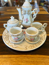 Miniature Porcelain Floral Tea Set, Gold Trim, 5 oz Teapot w/ Lid, Tray
