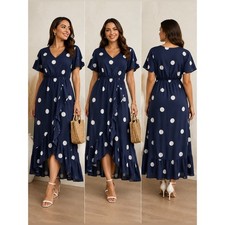 Shein curve navy blue polka dot midi dress V-neck ruffled high low hem 2XL