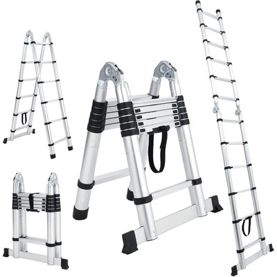 Stainless Steel Telescoping Ladder One Button Retraction Non Slip Feet Slow Down