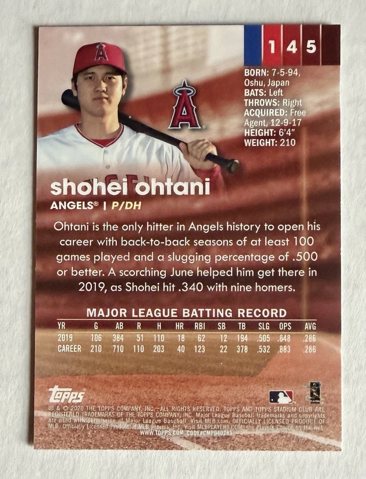 Shohei Ohtani 2020 Topps Stadium Club Chrome #145 Los Angeles Angels - Image 2 of 2