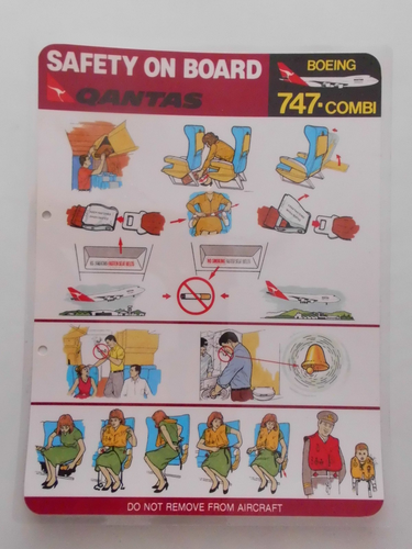 SAFETY CARD QANTAS AIRWAYS BOEING 747-COMBI DARK RED