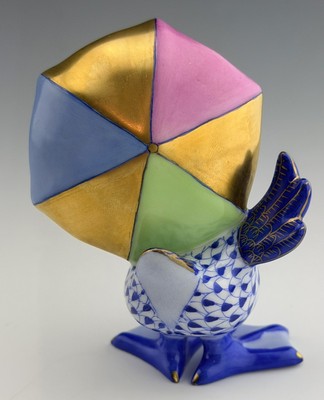   MINT HEREND DUCK W/ Umbrella Sapphire Blue Fishnet Bird Figurine ($500 Retail