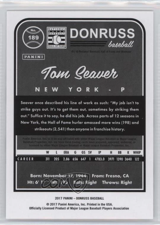 2017 Panini Donruss Artist Proof /10 Tom Seaver #189 HOF - Image 2 of 2