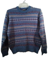 DAKS London Sweater Men M (38-40) Blue Fair Isle Wool Shetland Crew Long Sleeve