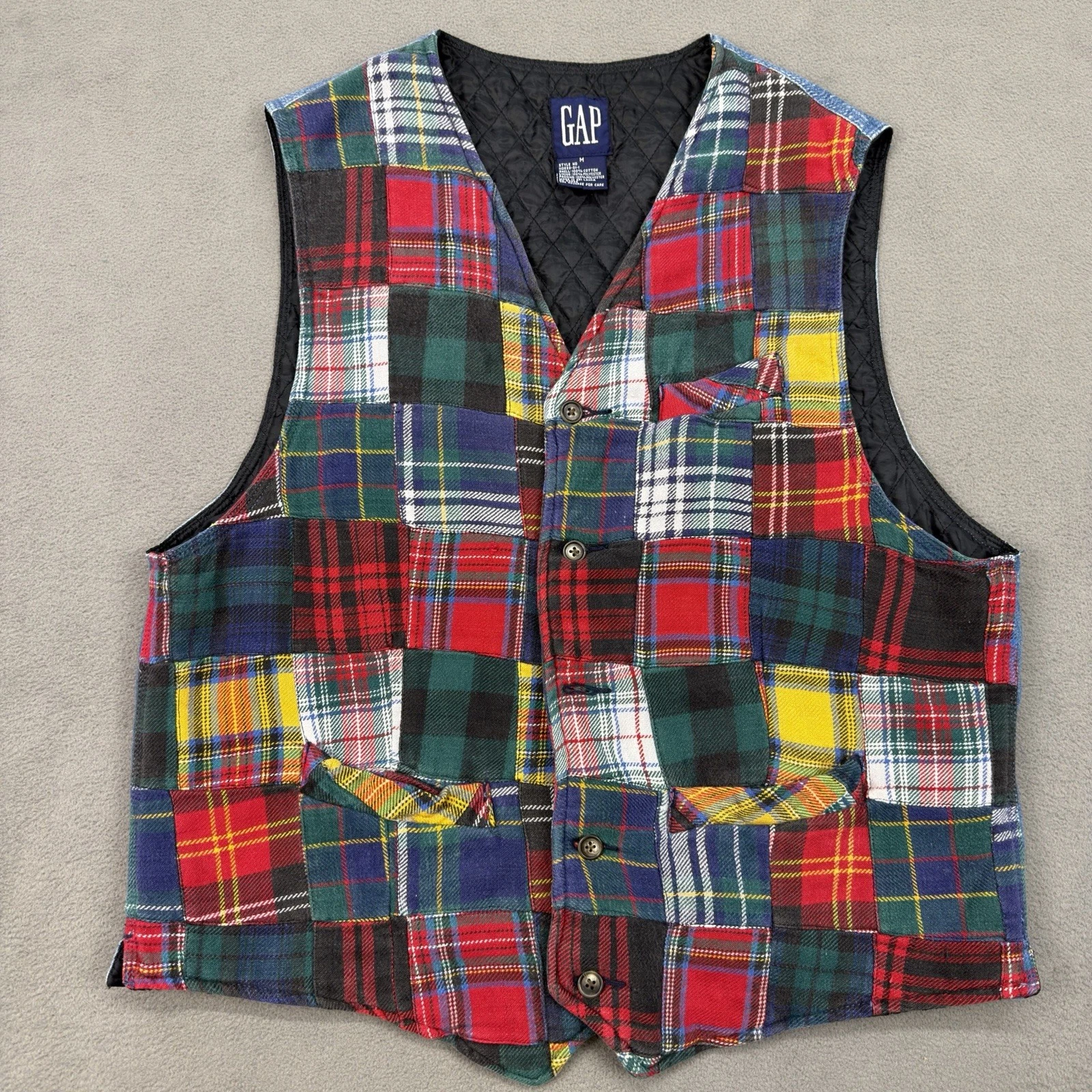 Vintage Gap Vest Mens M Patchwork Plaid Denim Quilted Y2K 90s Grunge READ