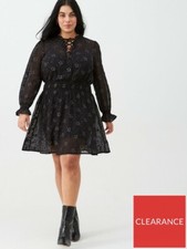 V By Very Ladies Curve Sparkly Sheer Silver Star Lace Up Dress Black Size UK 16