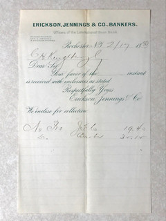 Erickson Jennings & Co Bankers Rochester 1880 New York Vintage Letterhead SBG136