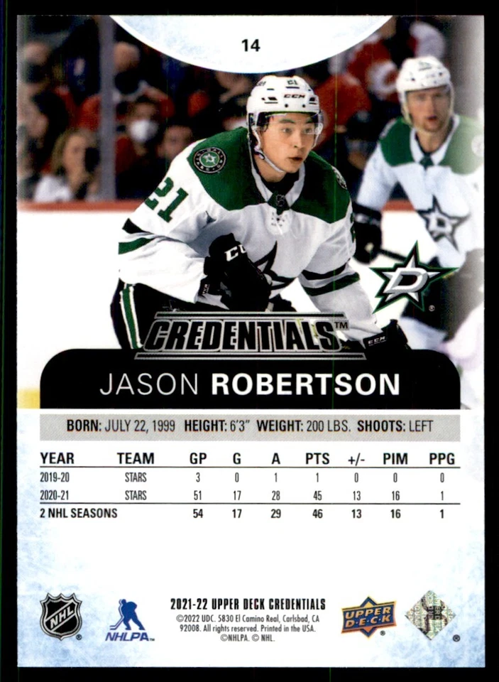 2021-22 Upper Deck Credentials Jason Robertson Dallas Stars #14 - Image 2 of 2