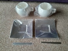 Pair Tramontina Porcelain Cappuccino Cup Steel Saucer Steel Stirrer Post-Modern