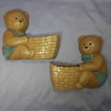 Vintage 1989 Burwood Products Bear Wall Pocket Hanging Decor Boy And Girl