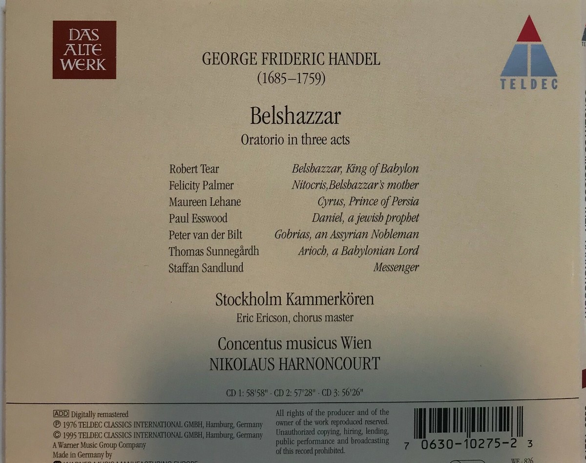 クラシック 3CD Handel Belshazzar: N.harnoncourt / Concentus 16122124 TELDEC Germany /00330 Handel - Concentus Musicus Wien, Harnoncourt – Belshazzar