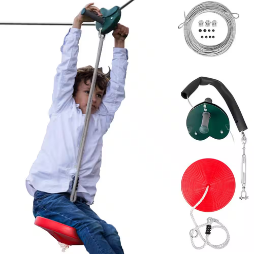 Zip Line Trolley W/Seat & Handle Zipline Kids Outdoor Backyard Zipline 100Ft Red - Picture 10 of 12