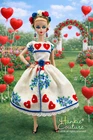 FITS BARBIE SILKSTONE VTG RED HEARTS BLUE FLOWERS DOLL DRESS by HANKIE COUTURE!!