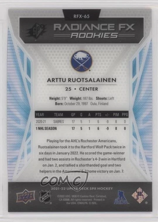 2021-22 SPx Radiance F/X Arttu Ruotsalainen #RFX-65 Rookie RC - Image 2 of 2