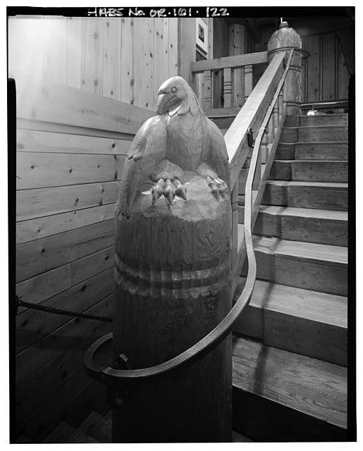 122. Interior view, detail, Head House, main stairway, landing between first