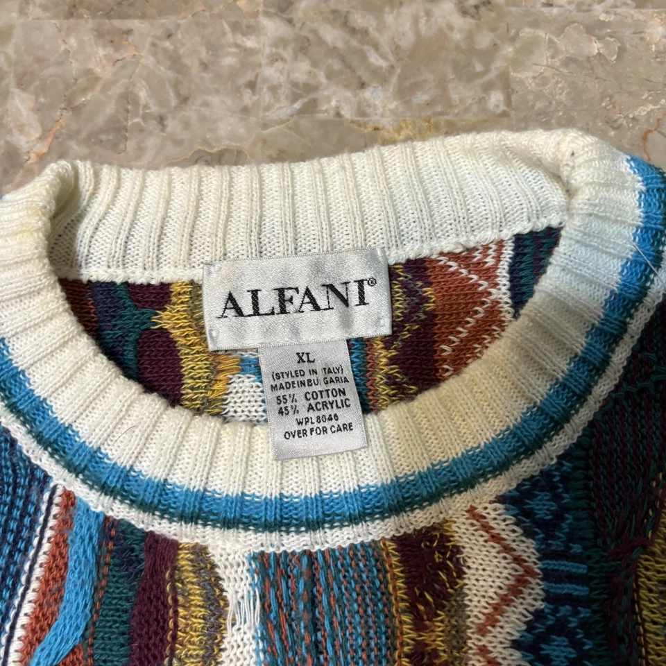 Suéter Tejido 3D De Colección Para Hombre XL Azul Colorido Texturizado Cuello Redondo Alfani Años 90 Foto 3 de 4