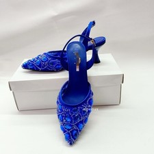 Womens Pointed Toe Rhinestone Slingback Sandals Evening Party Shoes Mid Heel New