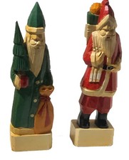Vintage Pair Hand Carved Wooden Folk Art 13 Santa Claus Figurines
