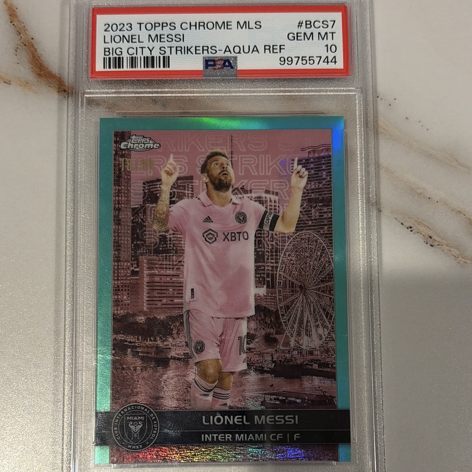 2023 Topps Chrome MLS Lionel Messi Big City Strikers Aqua Refractor BCS-7 PSA 10