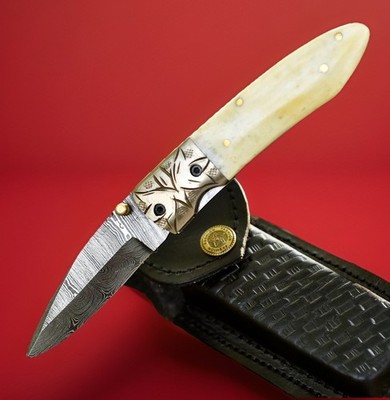 Handmade Damascus Folding Blade Pocket Knife Viking Camel Bone Handle Gift Knife