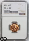 1953-D Lincoln Cent Wheat Penny, Gorgeous RED, NGC MS 66 RD